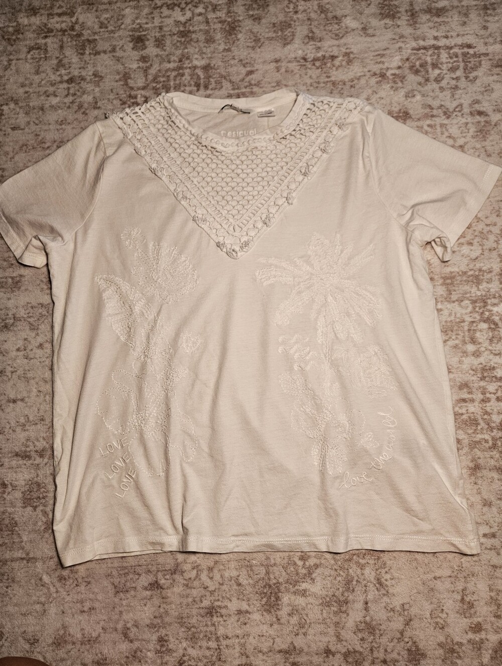 Desigual White Short-Sleeve Embroidered Knit Top